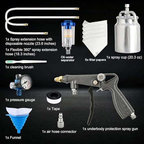 Air Undercoating Spray Gun with Suction Feed Cup & Gauge, 2 Extension Wands 360°Straight Spray Hoses, Fluid Film Spray Gun for Truck Bed Liner Spray Coating, Rubberized Undercoat, Rust Proofing