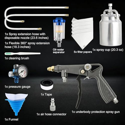 Air Undercoating Spray Gun with Suction Feed Cup & Gauge, 2 Extension Wands 360°Straight Spray Hoses, Fluid Film Spray Gun for Truck Bed Liner Spray Coating, Rubberized Undercoat, Rust Proofing