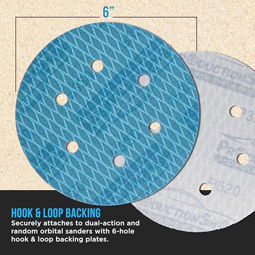 ProductionShop Premium 320 Grit 6" Rhombus Diamond Shape Blue Sanding Discs, 6-Hole, Box of 50 - Hook & Loop Anti-Clogging J-Cloth Dustless Sandpaper for Random Orbital Sanders, Sand Auto Paint, Wood - style: 320 Grit