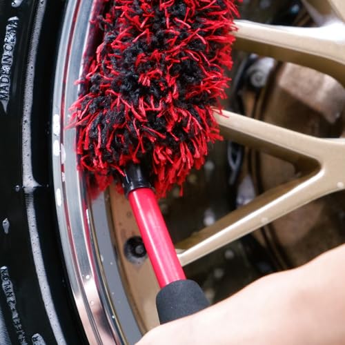 oesee Wheel Brush Kit 3 Pack- Microfiber Wheel Brush, Wheel Barrel Brush, Detailing Brush Scratch Free Calipers Wool Spoke Brush Cleans Brake Dust from Barrels& Hard to Reach Areas - color: Red/Black, size: 3-Pack