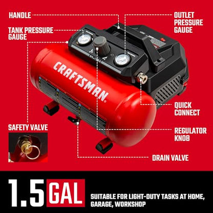 CRAFTSMAN 1.5 Gallon 3/4HP Oil-Free Portable Air Compressor 135PSI