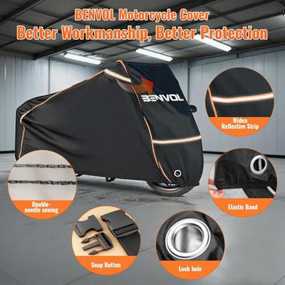 BENVOL 420D Heavy Duty Motorcycle Cover Waterproof Outdoor, 5000mm Rainproof Material Motorbike Cover with 2 Windproof Buckles, Lock Holes & Wide Reflective Strips, Anti-UV Sun Dust Protection - color: Black-XL(86.6*31.5*51)