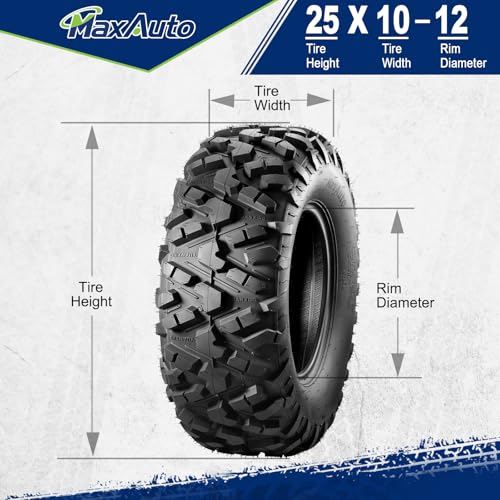 MaxAuto Set of 4 AT25x8-12 & AT25x10-12 ATV UTV Mud Sand Tires,25x8x12 Front & 25x10x12 Rear All-Terrain Off-Road Tires,6 PR, Tubeless,4 Pack in 2 Packages - size: 25x8-12 Front & 25x10-12 Rear