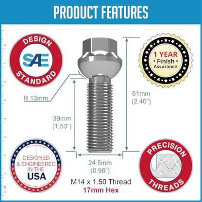 Wheel Accessories Parts 20 Pcs M14 x 1.5 Ball Seat OEM Style Lug Bolt 17mm Hex 39mm Thread Length Chrome Finish Maybach 57 Maybach 62 ｜ Mercedes-Benz E-Class G-Class G-Class AMG - size: M14 x 1.50, style: Factory Seat - 10/12mm Spacer Length - Chrome