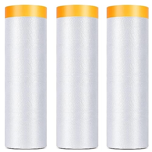 3 Pack Tape and Drape, 5x65.6 Ft Pre-Taped Masking Film for Auto Painting Covering, Plastic Pre-Adhesived Dust Paint Protective Drop Film for Furniture, Car, Floor - color: Pre-Taped Masking Film, size: 5 Foot x 65.6 Foot - 3 Rolls