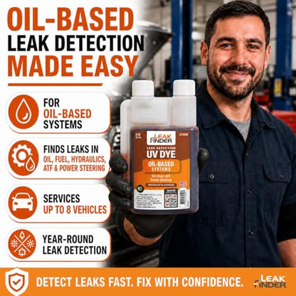LF2008 Automotive Oil-Based Fluid Leak Detection Dye for Oil, Fuel, ATF, and Power Steering Systems, 8oz Ultraviolet Fluorescent Dye, Twin-Neck Bottle, Services up to 8 Vehicles - size: 8oz, style: Bottle