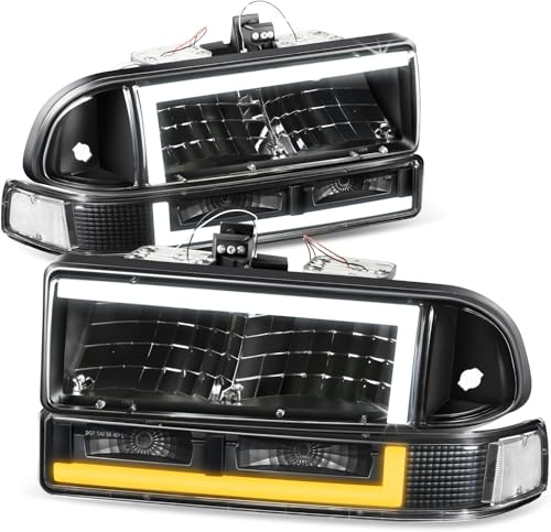 Auto Dynasty 4Pcs Switchback L-LED DRL Headlights Assembly and Bumper Lamps Compatible with Chevy Blazer S10 1998-2004, Driver and Passenger Side, Black Housing Clear Lens - color: Black, size: L-Style LED DRL
