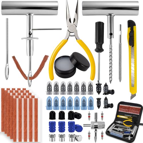 77Pcs Tire Plug Kit, Heavy Duty Tire Repair with Rubber Nails, Screw Plugs, T-Handle, Professional Fix a Flat Puncture Patch Tools Kit for Car, Motorcycle, Truck, UTV, ATV & Lawn Mower Tubeless - size: 77 Piece Set