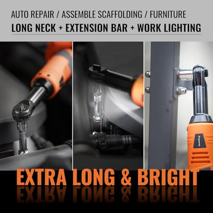 3/8" Electric Ratchet Wrench Set, Extended Long Neck Cordless Ratchet, 16V 45 ft-lbs Power Ratchet Kit, 600 RPM, 2 Batteries, LED, 9-Pcs Accessory Set & Toolbox for Auto Repair