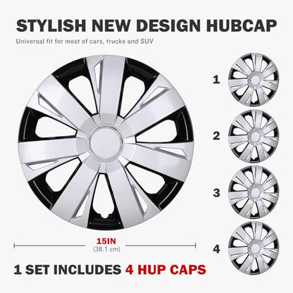 4-Pack 15 Inch Wheel Rim Cover Hubcaps, 15" Replacement - color: 5077-Silver & Black-15