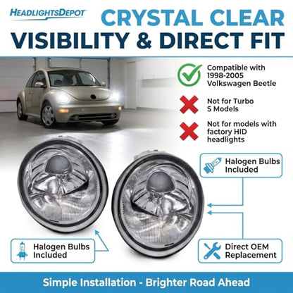 HEADLIGHTSDEPOT Chrome Housing Halogen Headlights Compatible with Volkswagen Beetle 1998-2005 Includes Left Driver and Right Passenger Side Headlamps