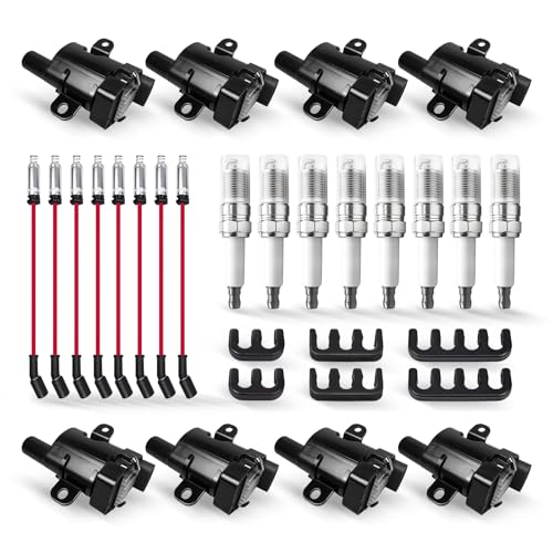 8 Pack UF262 Round Ignition Coil Set with Iridium Spark Plugs and 8mm Wires for Chevy Silverado Express GMC Sierra Savana Yukon Tahoe 1500 2500 3500 4.8L 5.3L 6.0L V8 Engine Tune Up Kit Black - color: Black, size: UF262 + 748UU + 41-962