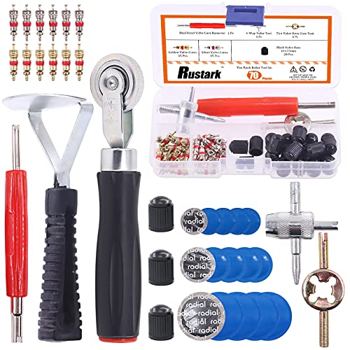 70Pcs Tire Repair Kit - Patch, Scraper, Valve Stem Removal Tools, Cores, Caps & Patches for Punctures