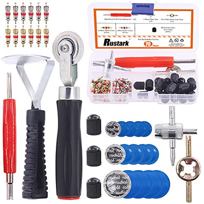 70Pcs Tire Repair Kit - Patch, Scraper, Valve Stem Removal Tools, Cores, Caps & Patches for Punctures