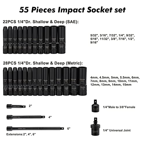 CASOMAN 55PCS 1/4-Inch Drive Impact Socket Set, Shallow & Deep, 5/32 Inch - 9/16 Inch, 4mm - 15mm, Metric/SAE, 6-Point, Cr-V Steel Socket Set - size: 1/4"