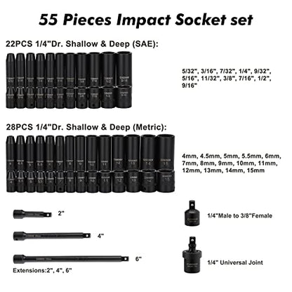 CASOMAN 55PCS 1/4-Inch Drive Impact Socket Set, Shallow & Deep, 5/32 Inch - 9/16 Inch, 4mm - 15mm, Metric/SAE, 6-Point, Cr-V Steel Socket Set - size: 1/4"
