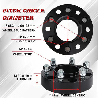 4pcs 6x135 Wheel Spacers 1.5 inch 38mm Thick, 6 Lug Wheel Adapters for 2015-2025 F150 Expedition, Navigator with M14x1.5 Studs and 87.1mm Hub Bore, 4pcs Black