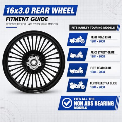 TOFR 16x3.0 Rear Fat King Spoke Wheel For Harley Touring Baggers 1984-2008 - color: Gloss Black, size: Rear:16inchx3.0inch