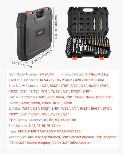 VEVOR 63-Piece Bolt Extractor Kit & Screw Extractor Set, Lug Nut Removal Tool with Left Hand Drill Bit Set, Nut Splitters, Taps & Tap Wrench, Ratchet, Adapters for Removing Rounded, Broken, Stripped - size: 63 PCS
