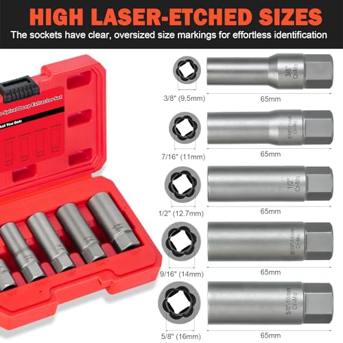 5PCS Deep Bolt Extractor Kit, Easy Out Spark Plug Extractor Socket Set, Ez Out Lug Nut Removal Tool for Removing Deeply Trapped Stripped, Broken, Damaged Hexagon Bolts, Threaded Pipes Stud & Screw