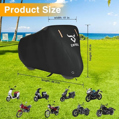 EVRBUL Universal All Season Motorcycle Cover Heavy Duty 420D Outdoor Motorbicycle Sun Cover Protection Moped Cover with Lock-Holes Night Reflective & Storage Bag Fits up to 96.5" Motorbike Vehicle