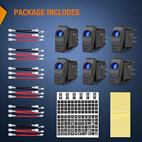 Nilight 6PCS 5PIN SPST Rocker Switches with 6 Sets Jumper Wires Set 20A/12V 10A/24V On/Off Toggle Switches with Night Glow Sticker for Trucks Boats Auto Motorcycles,2 Years Warranty (90131F) , Blue - color: Blue 6 PCS