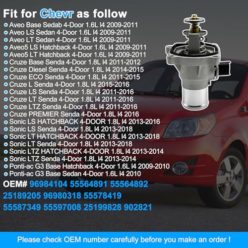 96984104 Engine Coolant Thermostat Housing Assembly for Chevy Aveo 2009-2011 Chevy Cruze 2011-2016 Chevy Sonic 2013-2018 Pontiac G3 2009-2010 55564891