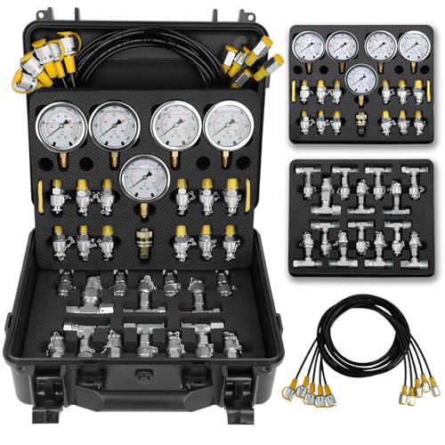 Hydraulic Pressure Test Kit, 5 Gauges 10/100/250/400/600bar, 13 Test Couplings & 14 Tees, Hydraulic Test Kit Compatible with CAT, John Deere, Komatsu, Hitachi, Kobelco Excavators & Loaders - style: 5 Gauges 13 Couplings