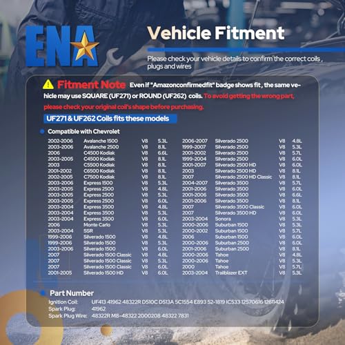 ENA UF271 Square Ignition Coils 41-962 Spark Plugs 748UU Spark Plug Wires Set Compatible with Chevy Silverado Avalanche Suburban Tahoe Express GMC Sierra Yukon Escalade 4.8L 5.3L 6.0L, Set of 8