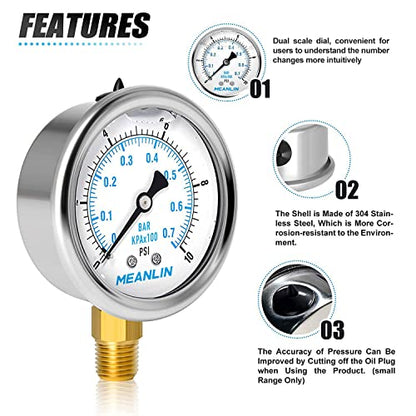 MEANLIN MEASURE 0~10Psi Stainless Steel 1/4" NPT 2.5" FACE DIAL,Liquid Filled Pressure Gauge,WOG Water Oil Air Lower Mount (Pack of 2), with 1/2" NPT and 3/8" NPT Hex Bushing - size: 0-10Psi (2Pcs)