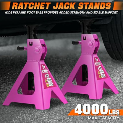 Low Profile Hydraulic Trolley Service/Floor Jack Combo with 2 Ratchet Jack Stands, 2 Ton (4000 lbs) Capacity, Lifting Range 11"-17", CAAP-TOLS-FJK-Set-PR