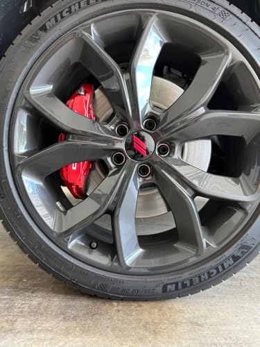 (Set of 4) 63mm=2.5 inches // Slash Wheel Center Caps Covers HubCaps + Tire Valve Stem Caps Trim for Dodge Charger Challenger Durango Hornet Dart R/T SRT Magnum Nitro Journey Caliber Avenger - color: red // on gloss black wheel caps + tire valve caps