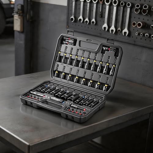 VEVOR Master Magnetic Impact Nut Driver Set 55PCS, Metric & SAE Sizes, with Socket Adapters, Bit Holder, Wing Nut Driver, Pivoting Nutsetter, Quick Release Extension, Power Bits, Storage Box - size: 55 pcs
