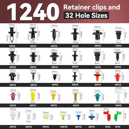 1240Pcs Car Retainer Clips & Fasteners Kit – 32 Universal Sizes Nylon Bumper, Fender Rivets, Door Panel Clips, and Plastic Rivets with 10 Cable Ties and Removal Tool for Toyota, Ford, Benz (1240pcs) - style: 1240pcs
