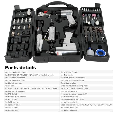 71 Pieces Air Tool Kit, Heavy Duty Twin Hammer with Impact Wrench, Air Ratchet, Die Grinder, Aire Hammer, Hose Fittings, Storage Case