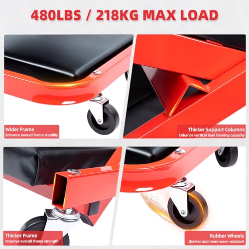 Mechanic Creeper 40inches 3-in-1 Z Seat 480lbs Capacity, Foldable Garage Chair Adjustable Rolling Folding with 6pcs Wheels Roller, Lay Down Sit Lean Back, Under Car Shop Auto Repair Man Gift - color: Red