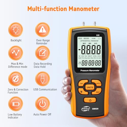 Digital Manometer Gas Pressure Tester, Professional Air Pressure Meter, Differential Pressure Gauge for HVAC, Gas Valve (GM520)