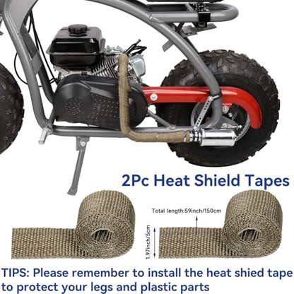 Left Long Exhaust Pipe Muffler Compatible with Predator 212cc 196cc Coleman CT200U RB200 Baja MB200 RT200 Mini Bike 6.5HP GX160 GX200 Performance Parts with Heat Shield Tape Main Jet Kit - color: Silver
