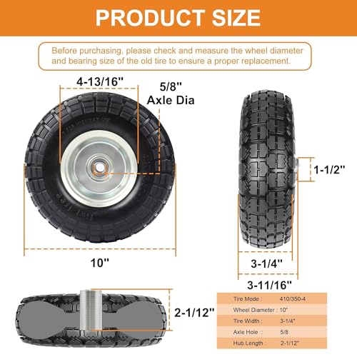 10" Solid Tires, 4.10/3.50-4 Tire and Wheel Flat Free, Gorilla Cart Tires Replacement, 4-Pack Solid Rubber Wheels with 5/8" Axle for Hand Trucks, Wheelbarrows, Dollies, Wagons & Garde (10 Inch 4-Pcs)
