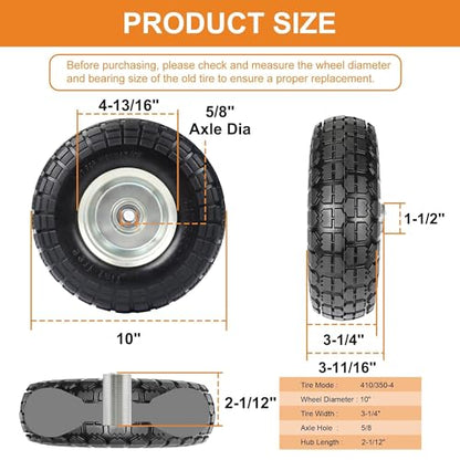 10" Solid Tires, 4.10/3.50-4 Tire and Wheel Flat Free, Gorilla Cart Tires Replacement, 4-Pack Solid Rubber Wheels with 5/8" Axle for Hand Trucks, Wheelbarrows, Dollies, Wagons & Garde (10 Inch 4-Pcs)