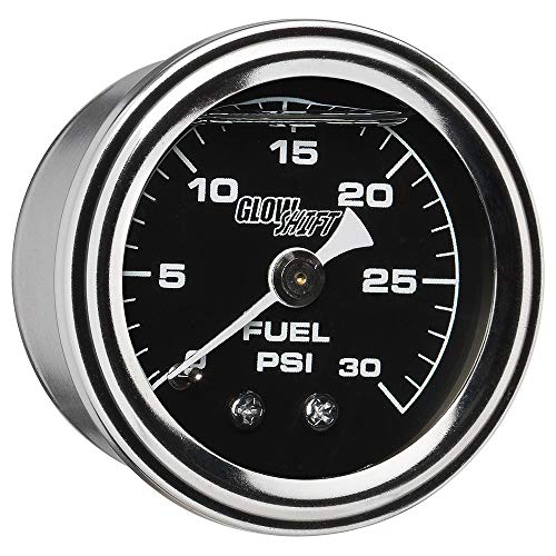 GlowShift Liquid Filled Black 30 PSI Fuel Pressure Gauge, 1-1/2" 38mm