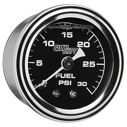 GlowShift Liquid Filled Black 30 PSI Fuel Pressure Gauge, 1-1/2" 38mm