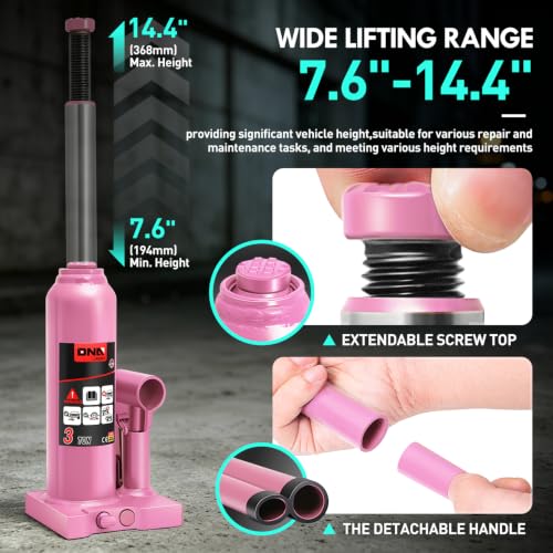 DNA Motoring 3 Tons Hydraulic Car Bottle Jack, Pink, 6000 lbs Capacity - color: Pink, style: 3 ton