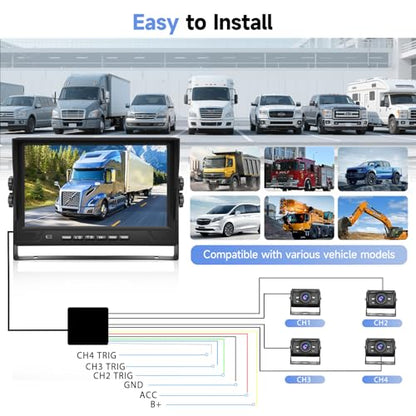 4 Channel 9 inch IPS Backup Camera System with Monitor for Tracks, RVs, Tractors, Bus, CementTruck, HD 1080P Wired Reverse Camera Waterproof Night Vision 4 Cameras Support Recording, Plug and Play