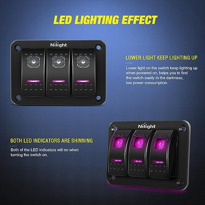 Nilight 3 Gang Aluminum Rocker Switch Panel Pre-Wired - color: Purple, size: 3 Gang