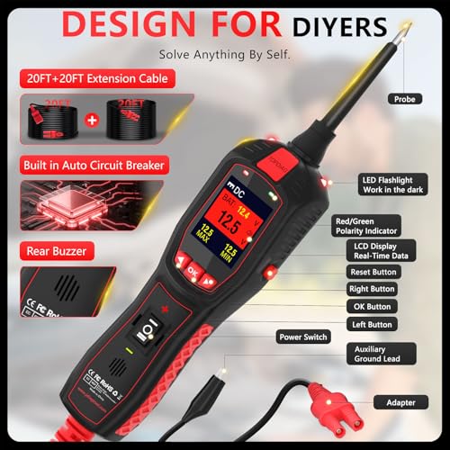 Electrical Tester for 12V 24V Cars, Short Circuit Breaker Finder Tool, Automotive Circuit Tester, AC DC Diode Resistance Relay Tester, Continuity Test Digital Multimeter/Ohmmeters, 40FT Cable