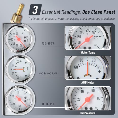 2" 52mm Triple Gauge Set, 3-in-1 Gauge Kit with Oil Pressure, Water Temperature & AMP Gauges, Backlit Dial, Universal for Most 12V Vehicles - style: Oil Press.+Ammeter+Water Temp.