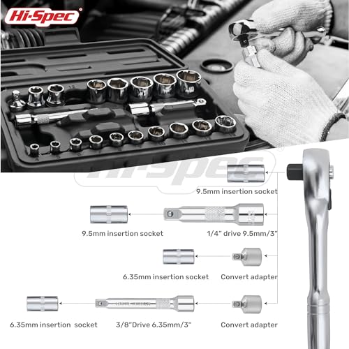 Hi-Spec 22pc Metric Socket Set 1/4” & 3/8” Drive with Ratcheting Wrench, Extension Bars in Compact Tool Case.