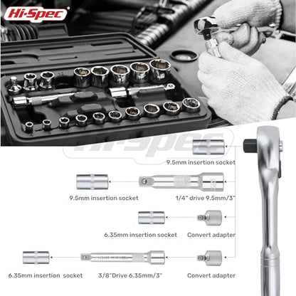 Hi-Spec 22pc Metric Socket Set 1/4” & 3/8” Drive with Ratcheting Wrench, Extension Bars in Compact Tool Case.