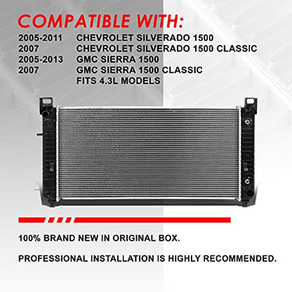 Auto Dynasty Radiator Compatible with 2005-2013 Chevy Silverado GMC Sierra 1500/1500 Classic 4.3L, DPI 2946 Factory Style 1-Row Cooling Radiator, Aluminum Core